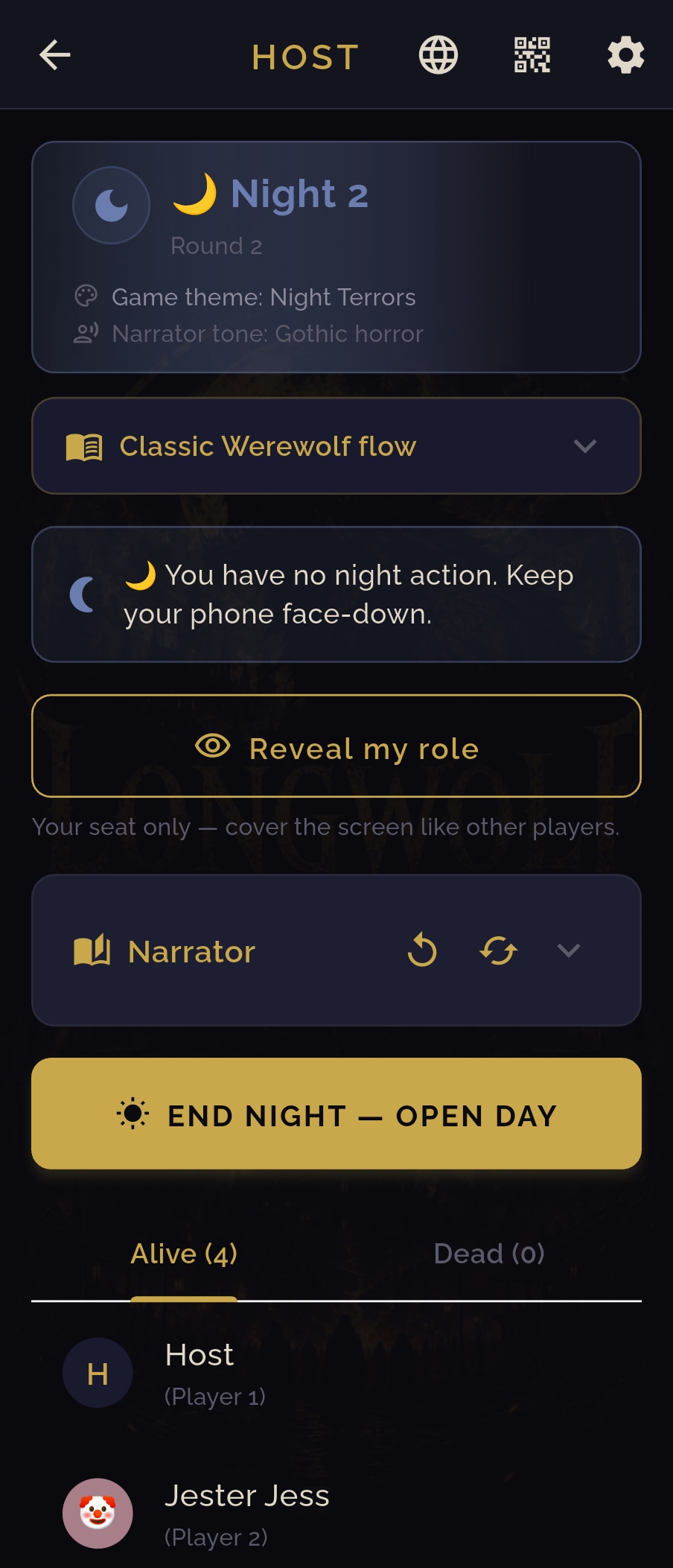 Host night phase — Night 2, theme, end night control