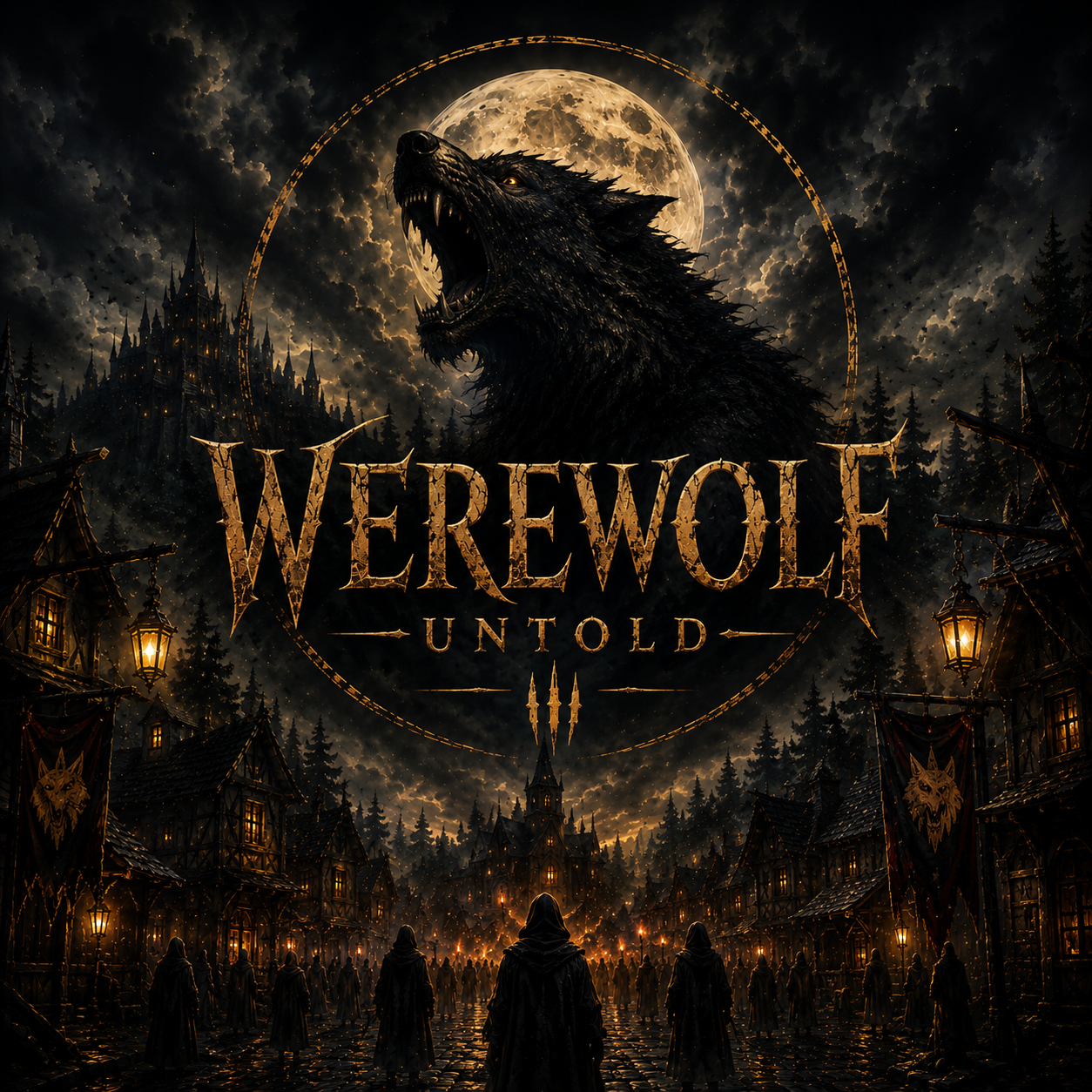 Werewolf: Untold loading screen — moon, werewolf, and village art
